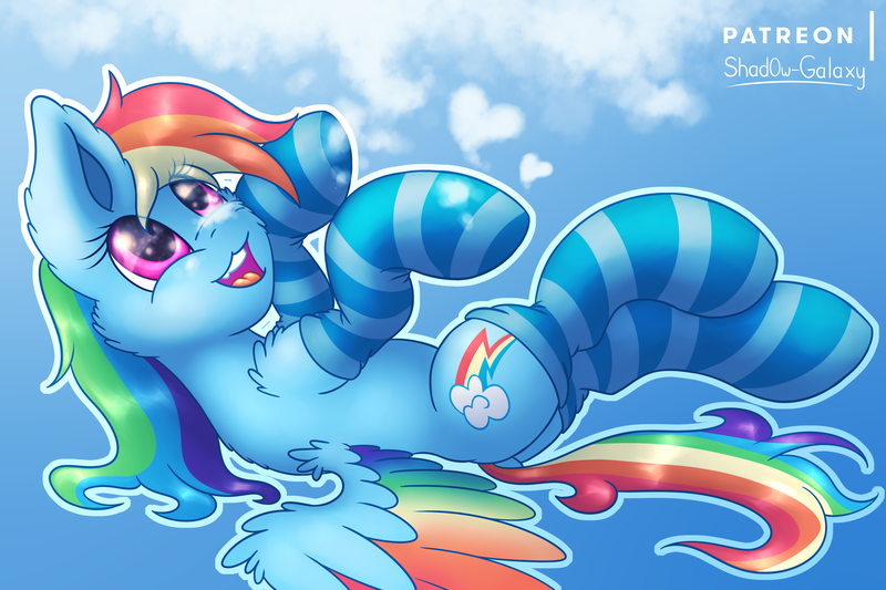 Size: 3000x2000 | Tagged: safe, artist:shad0w-galaxy, derpibooru import, rainbow dash, pegasus, pony, cheek fluff, clothes, cloud, colored wings, cute, cutie mark, dashabetes, female, fluffy, gradient background, high res, looking up, lying down, mare, on back, open mouth, outline, smiling, socks, solo, spread wings, stockings, striped socks, thigh highs, white outline, wings