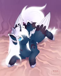 Size: 1600x2000 | Tagged: safe, artist:striped-chocolate, derpibooru import, princess luna, alicorn, pony, :3, alternate design, bed, cheek fluff, chest fluff, cute, ear fluff, ethereal mane, female, jewelry, laying on bed, looking at you, lunabetes, mare, on bed, prone, rcf community, regalia, solo, spread wings, wings