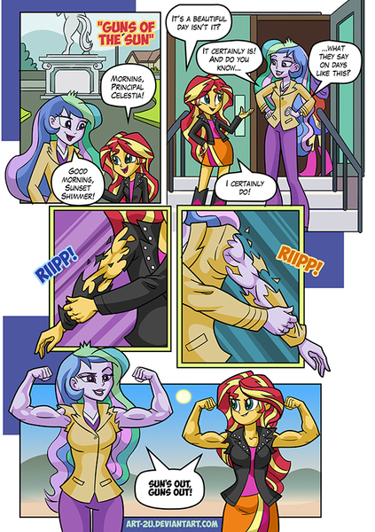 Size: 600x851 | Tagged: safe, artist:art-2u, derpibooru import, princess celestia, sunset shimmer, equestria girls, clothes, duo, female, flexing, muscles, princess musclestia, principal celestia, principal musclestia, ripping clothes, sunset lifter