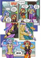 Size: 600x851 | Tagged: safe, artist:art-2u, derpibooru import, princess celestia, sunset shimmer, equestria girls, clothes, duo, female, flexing, muscles, princess musclestia, principal celestia, principal musclestia, ripping clothes, sunset lifter