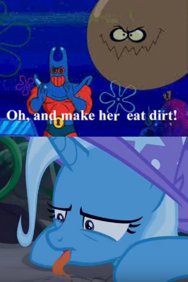 Size: 387x580 | Tagged: safe, derpibooru import, edit, edited screencap, screencap, trixie, pony, student counsel, dirt, dirty bubble, eating, eating dirt, manray, meme, mermaid man and barnacle boy v, spongebob squarepants