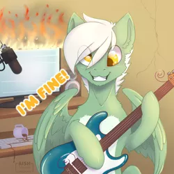 Size: 1200x1200 | Tagged: safe, artist:striped-chocolate, derpibooru import, oc, oc:energytone, unofficial characters only, pegasus, pony, burning, clothes, crazy face, derp, disaster, eye clipping through hair, faic, guitar, it's fine, male, microphone, musical instrument, rcf community, solo, stallion