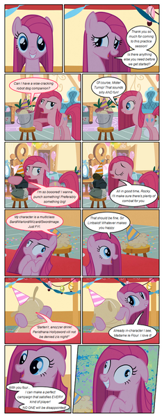 Size: 612x1556 | Tagged: safe, artist:newbiespud, derpibooru import, edit, edited screencap, screencap, mr. turnip, pinkie pie, rocky, sir lintsalot, earth pony, pony, comic:friendship is dragons, party of one, bucket, comic, crazy face, derp, dialogue, eyes closed, faic, female, floppy ears, grin, hat, hooves, insanity, mare, open mouth, party hat, pinkamena diane pie, screencap comic, smiling, solo