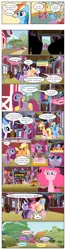 Size: 612x2320 | Tagged: safe, artist:newbiespud, derpibooru import, edit, edited screencap, screencap, applejack, fluttershy, gummy, pinkie pie, rainbow dash, rarity, twilight sparkle, earth pony, pegasus, pony, unicorn, comic:friendship is dragons, party of one, angry, balloon, barn, cake, comic, confetti, dialogue, female, food, freckles, frown, group hug, happy, hat, hug, mane six, mare, mouth hold, party hat, party horn, pinkamena diane pie, pitchfork, present, sad, screencap comic, smiling, suspicious, tail, tail pull, tree, unicorn twilight