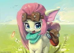 Size: 5120x3685 | Tagged: safe, artist:lmgchikess, derpibooru import, fluttershy, pegasus, pony, bag, cute, ear fluff, female, folded wings, goggles, looking at you, mare, open mouth, outdoors, saddle bag, shyabetes, smiling, solo, standing, three quarter view, wings