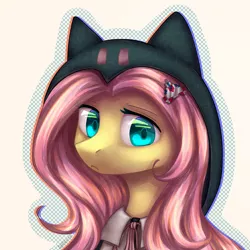 Size: 2000x2000 | Tagged: safe, artist:avrameow, derpibooru import, fluttershy, pegasus, pony, bust, chiaki nanami, clothes, crossover, cute, danganronpa, danganronpa 2, female, hair ornament, hood, looking at you, mare, outline, portrait, shyabetes, simple background, solo, three quarter view, white background