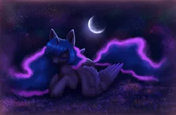 Size: 4200x2740 | Tagged: safe, artist:avrameow, derpibooru import, princess luna, alicorn, pony, crescent moon, ethereal mane, eyes closed, female, grass, mare, moon, night, outdoors, prone, solo, spread wings, starry night, stars, three quarter view, wings