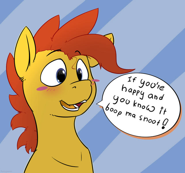 Size: 1544x1440 | Tagged: safe, artist:fuzzypones, derpibooru import, oc, unofficial characters only, pony, blush sticker, blushing, boop request, boop the snoot, colored, cute, dialogue, male, ocbetes, open mouth, solo, speech bubble, text