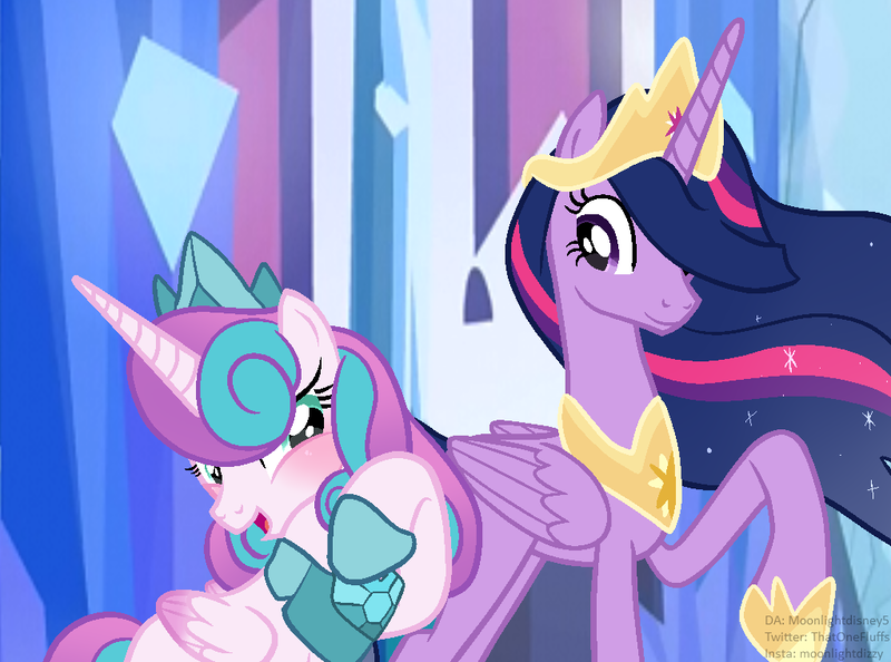 Size: 1023x760 | Tagged: safe, artist:moonlightdisney5, derpibooru import, edit, princess flurry heart, princess twilight 2.0, twilight sparkle, twilight sparkle (alicorn), alicorn, pony, the last problem, aunt and niece, base used, big crown thingy 2.0, big crown thingy 3.0, blushing, crown, crystal empire, future, hair over one eye, image, jewelry, older, older flurry heart, png, regalia