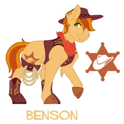 Size: 600x600 | Tagged: safe, artist:flashbrush, deleted from derpibooru, derpibooru import, oc, oc:benson, unofficial characters only, earth pony, hybrid, pony, icey-verse, bandana, bisony, boots, clothes, cowboy boots, cowboy hat, cowboy vest, ear piercing, earring, female, hat, jewelry, lasso, mare, offspring, parent:braeburn, parent:little strongheart, parents:braeheart, piercing, raised hoof, rope, shoes, simple background, solo, transparent background, unshorn fetlocks
