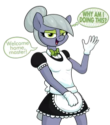 Size: 2113x2388 | Tagged: safe, artist:moonatik, derpibooru import, limestone pie, anthro, earth pony, apron, bedroom eyes, bowtie, bun, clothes, dialogue, eyeshadow, female, gloves, hair bun, maid, makeup, mare, master, open mouth, simple background, smiling, solo, talking to viewer, thought bubble, transparent background, uniform, waving