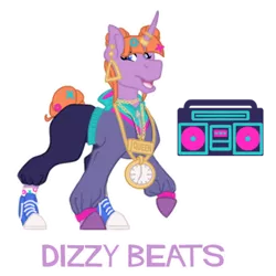 Size: 600x600 | Tagged: safe, artist:flashbrush, deleted from derpibooru, derpibooru import, oc, oc:dizzy beats, unofficial characters only, pony, unicorn, bling, chains, clock, clothes, converse, ear piercing, earring, female, gold chains, hoodie, horn, horn ring, jewelry, mare, necklace, open mouth, pants, piercing, raised hoof, ring, shoes, simple background, socks, solo, sweatpants, transparent background, unshorn fetlocks