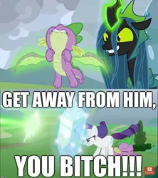 Size: 1920x2160 | Tagged: alien (franchise), bitch, caption, derpibooru import, dragon, edit, edited screencap, editor needed, excessive exclamation marks, female, image macro, leak, male, movie quote, queen chrysalis, rarity, safe, screencap, spike, text, the ending of the end, vulgar, winged spike, wing pull