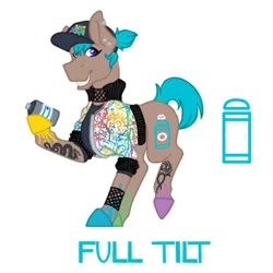 Size: 600x600 | Tagged: safe, artist:flashbrush, deleted from derpibooru, derpibooru import, oc, oc:full tilt, unofficial characters only, earth pony, pony, baseball cap, cap, choker, clothes, ear piercing, earring, female, grin, hat, jacket, jewelry, mare, piercing, raised hoof, raised leg, simple background, smiling, solo, spray can, spray paint, tanktop, tattoo, transparent background, unshorn fetlocks
