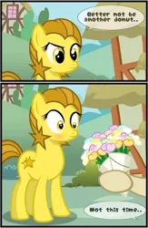 Size: 2600x4000 | Tagged: safe, artist:pizzamovies, derpibooru import, oc, oc:golden star, oc:pizzamovies, unofficial characters only, earth pony, pony, blushing, female, flower, golden star loves donuts, goldenmovies, male, mare, oc x oc, offscreen character, raised hoof, shipping, straight, text, two toned mane