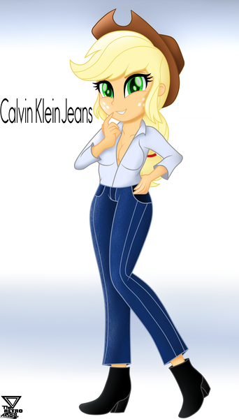 Size: 2000x3509 | Tagged: safe, artist:theretroart88, derpibooru import, applejack, human, equestria girls, beautiful, boots, breasts, busty applejack, calvin klein, cleavage, clothes, cowboy hat, cowgirl, cute, dress shirt, female, freckles, green eyes, hat, high res, jackabetes, jeans, looking at you, movie accurate, open clothes, pants, shoes, solo, stetson, woman, yellow hair