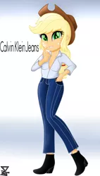 Size: 2000x3509 | Tagged: safe, artist:theretroart88, derpibooru import, applejack, human, equestria girls, beautiful, boots, breasts, busty applejack, calvin klein, cleavage, clothes, cowboy hat, cowgirl, cute, dress shirt, female, freckles, green eyes, hat, high res, jackabetes, jeans, looking at you, movie accurate, open clothes, pants, shoes, solo, stetson, woman, yellow hair