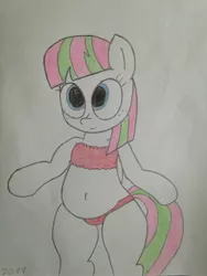 Size: 2448x3264 | Tagged: safe, artist:rainbowšpekgs, derpibooru import, blossomforth, pegasus, pony, adoraforth, adorasexy, background pony, belly button, bipedal, bra, chubby, clothes, cute, drawing, female, freckles, no cutie marks because im lazy, panties, red underwear, sexy, simple background, solo, traditional art, underwear, white background