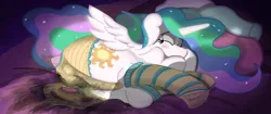 Size: 3437x1440 | Tagged: suggestive, artist:not_texmex, derpibooru import, princess celestia, alicorn, pony, anus cameltoe, bed, bedwetting, blushing, clothes, crotch bulge, ethereal mane, eyes closed, female, floppy ears, frog (hoof), hoofbutt, panties, pissing, side, sleeping, socks, solo, solo female, striped socks, underhoof, underwear, urine, wetting