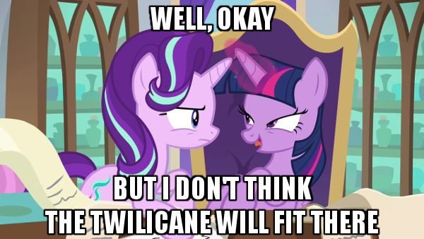 Size: 600x338 | Tagged: suggestive, derpibooru import, edit, edited screencap, screencap, starlight glimmer, twilight sparkle, twilight sparkle (alicorn), alicorn, pony, unicorn, the beginning of the end, caption, female, image macro, implied insertion, implied lesbian, implied shipping, implied twistarlight, lidded eyes, magic, mare, out of context, scepter, scroll, text, twilight scepter
