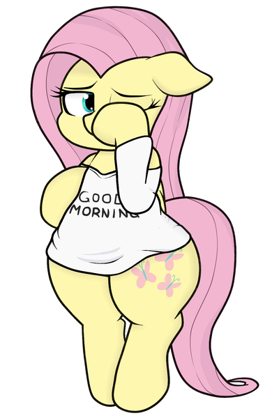 Size: 1045x1648 | Tagged: safe, artist:airsicksubset, derpibooru import, fluttershy, pegasus, pony, bipedal, clothes, cute, female, floppy ears, mare, morning ponies, shirt, simple background, solo, white background, wide hips