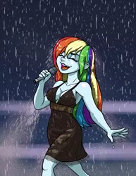 Size: 2550x3300 | Tagged: safe, artist:latecustomer, derpibooru import, rainbow dash, equestria girls, black dress, breasts, busty rainbow dash, cleavage, clothes, commission, commissioner:ajnrules, dress, eyes closed, female, high res, little black dress, microphone, rain, rainbow dash always dresses in style, singing, singing in the rain, smiling, solo, wet, wet clothes, wet dress