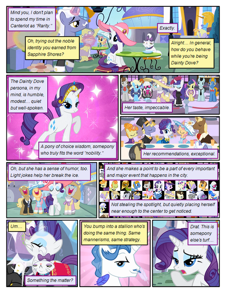 Size: 612x792 | Tagged: safe, artist:newbiespud, derpibooru import, edit, edited screencap, screencap, derpy hooves, fancypants, photo finish, rarity, sapphire shores, upper crust, earth pony, pony, unicorn, comic:friendship is dragons, background pony, background pony audience, bowtie, clothes, comic, dialogue, dress, element of generosity, eyes closed, female, glowing horn, hat, horn, magic, male, mare, necktie, open mouth, screencap comic, stallion, suit, sun hat, sunglasses, telekinesis, top hat