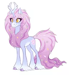 Size: 2000x2163 | Tagged: safe, artist:heilos, derpibooru import, tree of harmony, oc, oc:harmony (heilos), ponified, classical unicorn, pony, unicorn, alternate design, cloven hooves, female, flower, flower in hair, image, leonine tail, png, simple background, smiling, solo, treehouse of harmony, unshorn fetlocks, white background