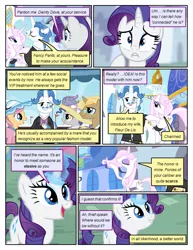 Size: 612x792 | Tagged: safe, artist:newbiespud, derpibooru import, edit, edited screencap, screencap, fancypants, fleur-de-lis, rarity, pony, unicorn, comic:friendship is dragons, background pony, background pony audience, clothes, comic, dialogue, eyes closed, female, glowing horn, hat, horn, male, mare, monocle, raised hoof, screencap comic, stallion, suit, sun hat