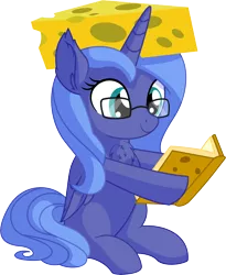 Size: 5791x7069 | Tagged: safe, artist:cyanlightning, derpibooru import, princess luna, alicorn, pony, .svg available, absurd resolution, book, cheese, cheese hat, cheesehead, chest fluff, cute, ear fluff, eating, female, filly, folded wings, food, glasses, hat, lunabetes, possible green bay packers merchandise, precious, reading, simple background, sitting, solo, transparent background, vector, wings, woona, younger