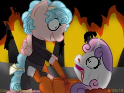 Size: 2048x1536 | Tagged: abuse, artist:colorcodetheartist, blood, cozy glow, crazy smile, crossover, crying, damien thorn, derpibooru import, dismemberment, grimdark, hell, kenny mccormick, pinning down, pure unfiltered evil, sadism, screaming, south park, sweetie belle, sweetiebuse