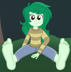 Size: 1334x1347 | Tagged: suggestive, artist:grapefruitface1, derpibooru import, wallflower blush, equestria girls, equestria girls series, forgotten friendship, barefoot, feet, female, fetish, foot fetish, foot focus, grass, implied sex, looking at you, night, redrawn, requested art, soles, solo, solo female, spread legs, spreading, tree, update