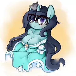 Size: 2500x2500 | Tagged: suggestive, artist:fullmetalpikmin, derpibooru import, oc, oc:insatiable void, unofficial characters only, anthro, unicorn, breasts, cleavage, clothes, dress, female, glasses, gradient background, milf, rosalina, smiling, solo, solo female