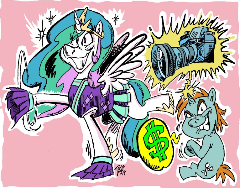 Size: 1280x1003 | Tagged: safe, artist:grotezco, derpibooru import, princess celestia, snips, pony, 2 4 6 greaaat, big grin, camera, cheerleader, cheerleader celestia, cheerleader outfit, cheerleader uniform, clothes, dollar sign, evil grin, glowing horn, greed, grin, horn, lavender background, le happy merchant, looking at you, magic, photo shoot, pom pom, raised wings, rubbing hooves, sillestia, silly, simple background, smiling, sparkles, spread wings, telekinesis, wings