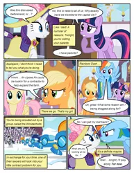 Size: 612x792 | Tagged: safe, artist:newbiespud, derpibooru import, edit, edited screencap, screencap, applejack, fluttershy, rainbow dash, rarity, twilight sparkle, earth pony, pegasus, pony, unicorn, comic:friendship is dragons, background pony, background pony audience, clothes, comic, dialogue, dress, female, flying, freckles, goggles, hat, male, mare, referee, screencap comic, stallion, sun hat, unicorn twilight, uniform, wonderbolts, wonderbolts uniform