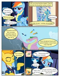 Size: 612x792 | Tagged: safe, artist:newbiespud, derpibooru import, edit, edited screencap, screencap, applejack, fluttershy, rainbow dash, spike, spitfire, earth pony, pegasus, pony, comic:friendship is dragons, clothes, comic, dialogue, eyes closed, female, flying, freckles, frown, greed spike, male, mare, poster, screencap comic, stallion, sunglasses, uniform, wonderbolt trainee uniform, wonderbolts