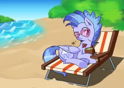 Size: 842x595 | Tagged: safe, artist:shelltoon, derpibooru import, oc, oc:nimbostratus, unofficial characters only, pegasus, pony, beach, chair, drink, glasses, mohawk, solo