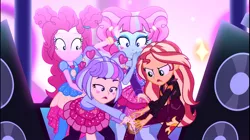 Size: 1930x1080 | Tagged: safe, derpibooru import, screencap, kiwi lollipop, pinkie pie, sunset shimmer, supernova zap, equestria girls, equestria girls series, sunset's backstage pass!, spoiler:eqg series (season 2), clothes, female, fight, geode of empathy, geode of sugar bombs, hair bun, k-lo, magical geodes, miniskirt, postcrush, skirt, speakers, stage, su-z, time twirler