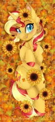 Size: 1024x2252 | Tagged: safe, artist:silent-shadow-wolf, derpibooru import, sunset shimmer, pony, unicorn, autumn, chest fluff, cloven hooves, colored hooves, cute, cutie mark, ear fluff, female, flower, flower in hair, leaf, leg fluff, mare, on back, shimmerbetes, smiling, solo, sunflower, tongue out