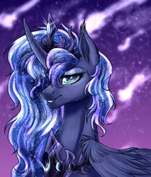 Size: 1677x1965 | Tagged: safe, artist:not-ordinary-pony, derpibooru import, princess luna, alicorn, pony, bust, curved horn, ethereal mane, female, galaxy mane, hair over one eye, horn, mare, night, portrait, solo