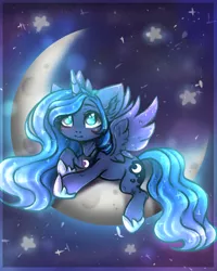 Size: 2000x2500 | Tagged: safe, artist:zefirka, derpibooru import, princess luna, alicorn, pony, crescent moon, cute, ear fluff, female, looking up, lunabetes, mare, moon, night, no pupils, prone, smiling, solo, spread wings, stars, tangible heavenly object, wings