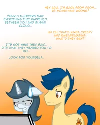 Size: 1277x1600 | Tagged: safe, artist:shadowkixx, derpibooru import, oc, oc:moonlight aria, oc:sunray smiles, unofficial characters only, earth pony, pony, unicorn, ask sunray smiles, ask, computer, female, laptop computer, male, mare, stallion, tumblr