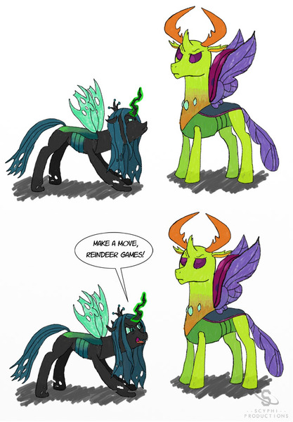 Size: 648x933 | Tagged: artist:scyphi, changedling, changeling, changeling king, changeling queen, comic, confrontation, crown, derpibooru import, elytra, female, horn, jewelry, king thorax, mandibles, queen chrysalis, regalia, safe, sick burn, simple background, solo, speech bubble, thorax, white background, wings