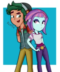 Size: 822x973 | Tagged: safe, artist:ro994, derpibooru import, sunny flare, timber spruce, equestria girls, equestria girls series, clothes, female, looking at each other, male, pants, shipping, smiling, straight, timberflare