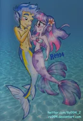 Size: 742x1076 | Tagged: safe, artist:ro994, derpibooru import, flash sentry, sci-twi, twilight sparkle, mermaid, merman, equestria girls, bandeau, belly button, blushing, clothes, female, fins, flashlight, glasses, holding hands, looking at each other, male, mermaid sci-twi, mermaidized, midriff, partial nudity, sciflash, shipping, smiling, species swap, straight, tail, topless, underwater, watermark