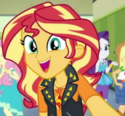 Size: 712x664 | Tagged: safe, derpibooru import, screencap, applejack, fluttershy, rarity, sunset shimmer, do it for the ponygram!, equestria girls, equestria girls series, spoiler:eqg series (season 2), canterlot high, cropped, geode of empathy, geode of shielding, lockers, magical geodes, solo focus