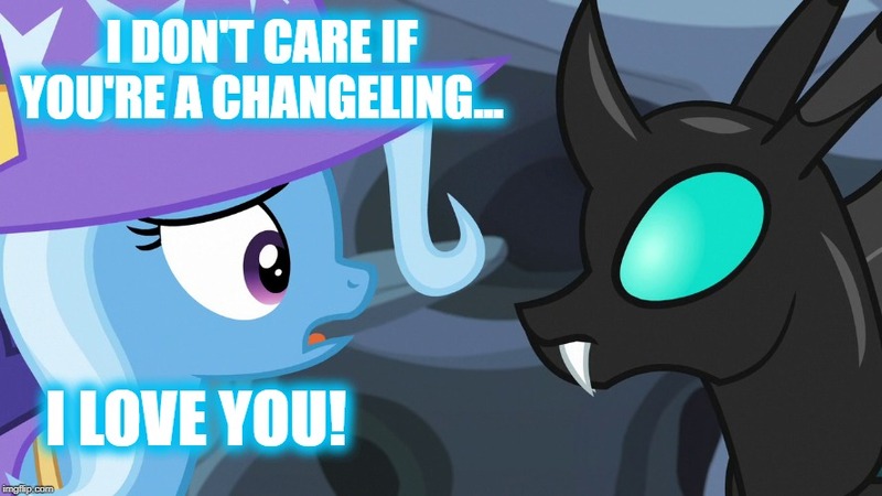 Size: 888x499 | Tagged: caption, changeling, derpibooru import, edit, edited screencap, female, image macro, male, meme, safe, screencap, shipping, straight, text, thorax, thoraxie, to where and back again, trixie, trixie yells at everything