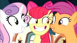 Size: 1374x774 | Tagged: safe, derpibooru import, screencap, apple bloom, scootaloo, sweetie belle, earth pony, pegasus, pony, unicorn, growing up is hard to do, bow, cropped, cutie mark crusaders, excited, female, friendship express, hair bow, looking at each other, mare, older, older apple bloom, older cmc, older scootaloo, older sweetie belle, smiling, teeth, trio