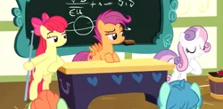 Size: 764x376 | Tagged: safe, derpibooru import, screencap, apple bloom, scootaloo, shuffle step, sweetie belle, teal shores, earth pony, pegasus, pony, unicorn, growing up is hard to do, bipedal, bipedal leaning, chalkboard, cropped, cutie mark, cutie mark crusaders, eyes closed, female, leaning, lidded eyes, mare, older, older apple bloom, older cmc, older scootaloo, older sweetie belle, ponyville schoolhouse, raised eyebrow, raised hoof, smiling, smirk, smug, the cmc's cutie marks, trio focus