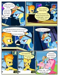 Size: 612x792 | Tagged: safe, artist:newbiespud, derpibooru import, edit, edited screencap, screencap, pinkie pie, rainbow dash, spitfire, earth pony, pegasus, pony, comic:friendship is dragons, annoyed, bridal carry, carrying, clothes, comic, dialogue, female, frown, goggles, lamp, male, mare, office, poster, screencap comic, stallion, suspicious, uniform, wonderbolt trainee uniform, wonderbolts